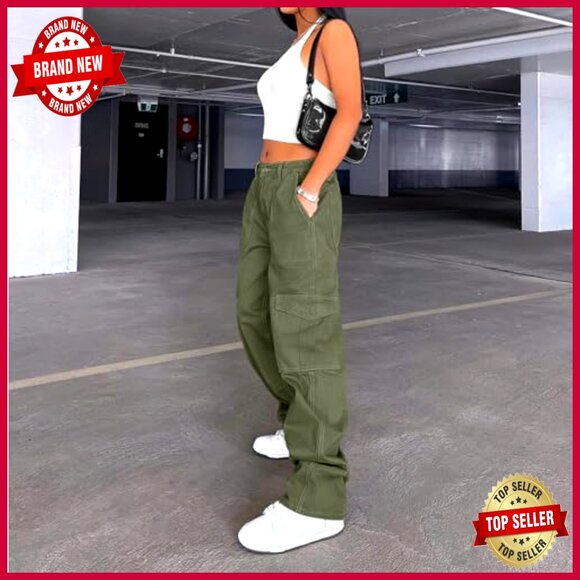 High Waisted Cargo Pants with 6 Pockets, Stretchy Wide Leg Casual Streetwear - Picture 3 of 7